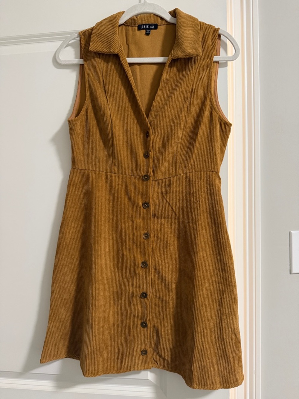 Lunik tan Mustard Corduroy Button-Front Sleeveless a-line mini Dress small